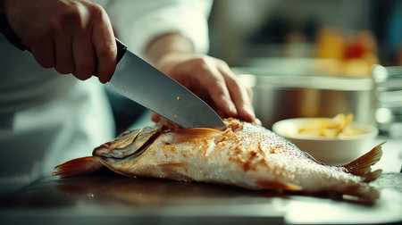 A skilled chef carefully slices a fresh fish on a stainless steel countertop, embodying the art of culinary preparation in a modern kitchen setting.の素材