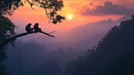 Two silhouettes of monkeys sit on a branch, overlooking vibrant mountains at sunset. The serene atmosphere captures the beauty of wildlife and nature.の素材