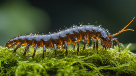 This stunning macro image showcases a millipede resting on vibrant green moss, adorned with tiny water droplets, highlighting the intricate textures of nature.の素材