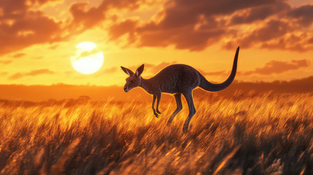 A kangaroo gracefully hops across a golden grassland at sunset, creating a stunning silhouette against a warm, colorful sky filled with dramatic clouds, embodying the beauty of nature.の素材