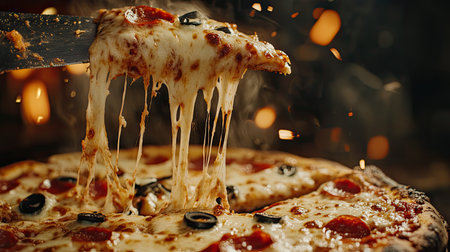 Experience the mouthwatering delight of a cheese pizza topped with pepperoni and olives, showcasing the perfect cheese pull in a cozy setting.の素材