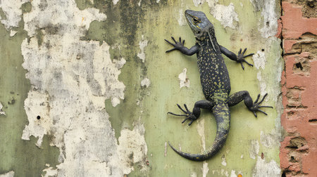 A striking black and green lizard is climbing on a rustic old wall, showcasing intricate patterns and colors against a peeling surface.の素材