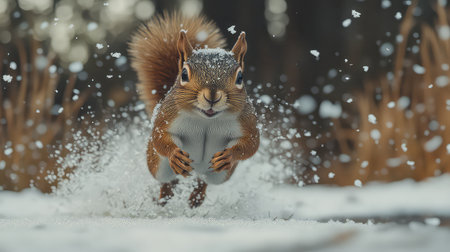 A vibrant squirrel energetically leaps through a snowy landscape, creating a beautiful scene filled with swirling snowflakes, showcasing playful winter beauty.の素材