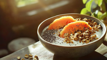 A beautifully arranged yogurt bowl featuring slices of papaya, granola, and chia seeds, surrounded by warm natural lighting on a wooden table. Perfect for a healthy breakfast or snack.の素材