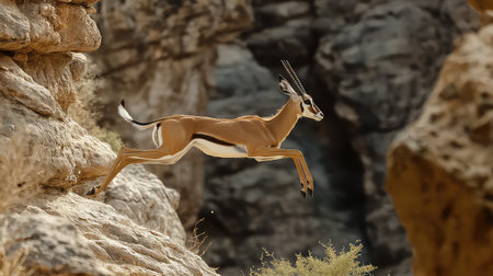 A stunning gazelle leaps gracefully across a rocky terrain, capturing the essence of wildlife in its natural habitat. This dynamic shot embodies agility and adventure.の素材