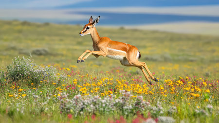 A stunning antelope leaps gracefully over a field filled with colorful wildflowers, showcasing the beauty of nature in a vibrant green meadow.の素材
