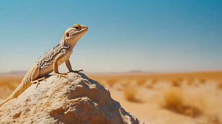 A vibrant lizard perches confidently on a sunlit rock amidst a vast desert landscape, showcasing the beauty of wildlife in arid environments.の素材