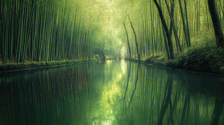 A serene bamboo forest surrounds a tranquil river, reflecting vibrant greenery under soft natural light, creating a peaceful and idyllic atmosphere.の素材