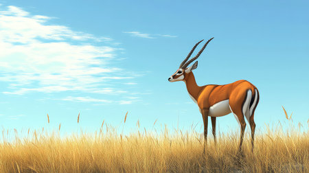 A stunning antelope stands gracefully in golden grassland under a bright blue sky. The serene environment captures the beauty of wildlife in nature.の素材