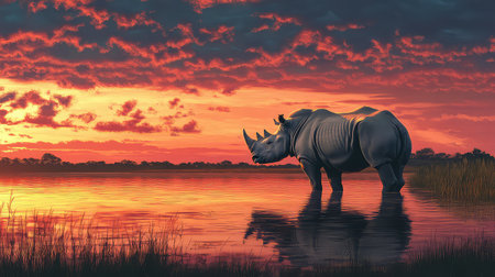 A striking silhouette of a rhinoceros stands in calm water at sunset, surrounded by colorful clouds and peaceful nature, creating a serene atmosphere.の素材