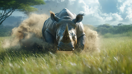 A striking image of a rhinoceros charging through vibrant grassland, creating a dramatic scene filled with dust and energy under a bright sky.の素材