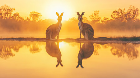 This captivating image features two kangaroos elegantly posed against a breathtaking sunrise, their reflections mirrored in a tranquil water surface. The serene atmosphere is enhanced by soft mist and warm colors, creating an idyllic natural scene.の素材