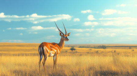 A solitary antelope stands elegantly in a vast expanse of golden grasslands. The scene showcases the beauty of wildlife in nature, perfectly complemented by a bright blue sky filled with fluffy clouds, evoking a sense of tranquility.の素材