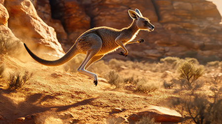 This captivating image captures a kangaroo in mid-leap across a vibrant desert landscape, showcasing the beauty of Australian wildlife in its natural habitat.の素材