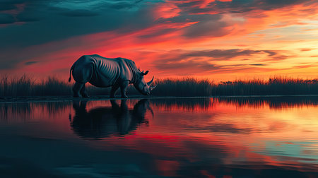 A magnificent rhinoceros stands by the water, reflecting the vibrant colors of a breathtaking sunset. The peaceful scene captures the beauty of nature and wildlife.の素材