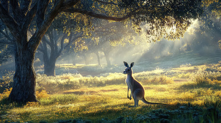 A captivating scene featuring a kangaroo standing elegantly in a vibrant forest, illuminated by soft sunlight filtering through the trees, embodying peace and the beauty of nature.の素材