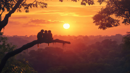 A captivating scene featuring three silhouetted figures seated on a branch, gazing at a stunning sunset above a lush tropical forest, promoting tranquility.の素材