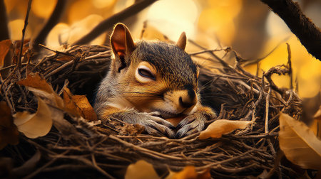 A serene image of a sleeping squirrel in its nest, surrounded by vibrant autumn leaves, capturing the beauty and tranquility of natureの素材