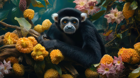 A striking black monkey sits among bright yellow fruits and exotic flowers, creating a vivid tableau in a lush jungle setting. The serene expression and rich details capture the beauty of wildlife.の素材