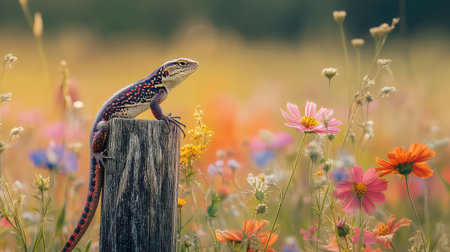 A vivid lizard perched on a weathered wooden post, set against a backdrop of blooming wildflowers in a sunlit meadow, captures nature's beauty.の素材