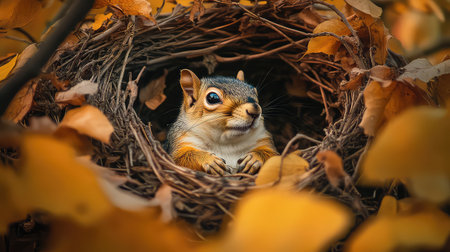 A charming squirrel peeks from its nest, nestled among vibrant autumn leaves. The scene captures the beauty of nature in fall, showcasing warm colors and a cozy atmosphere.の素材