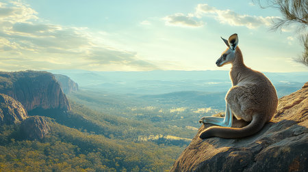 A stunning scene showcasing a kangaroo perched on a rocky ledge, gazing over a vast Australian landscape during sunset, blending tranquil nature and wildlife.の素材