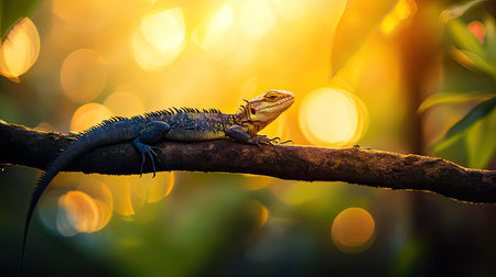 A stunning colorful lizard rests on a sturdy branch amidst a lush forest setting during the golden hour. The soft bokeh creates a tranquil atmosphere.の素材