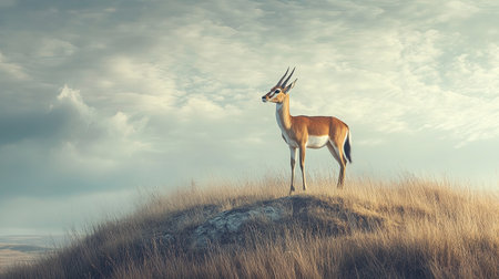 A solitary antelope stands atop a grassy hill under a beautiful sky, showcasing its graceful form in a serene outdoor setting. The image captures the tranquility and beauty of nature.の素材