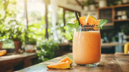A vibrant and refreshing tropical fruit smoothie served in a clear glass, garnished with mint and peach slices, capturing the essence of healthy living.の素材