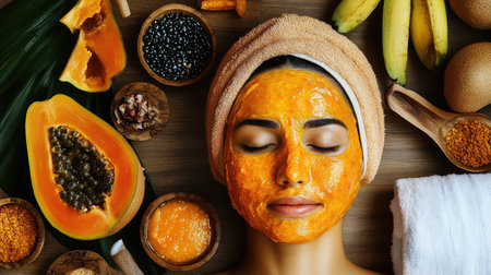 A serene spa setting featuring a woman with a natural face mask made from papaya and turmeric, surrounded by fresh fruits and herbs, promoting beauty.の素材