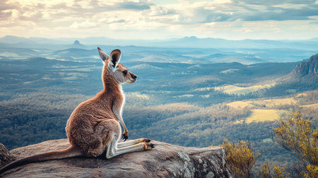 A kangaroo sits gracefully on a rock, surveying a breathtaking Australian landscape, showcasing the natural beauty and serene environment of the region.の素材