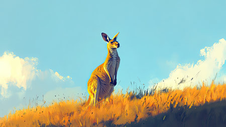 A single kangaroo stands gracefully atop a grassy hill, embodying tranquility amidst a picturesque landscape of blue skies and soft clouds.の素材
