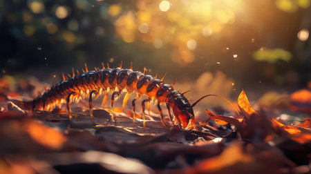 This stunning macro shot captures a colorful centipede moving through vibrant autumn leaves, illuminated by soft sunlight. The intricate details showcase nature's beauty.の素材
