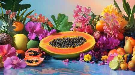 Vibrant arrangement featuring papaya, tropical fruits, and beautiful flowers against a stunning backdrop, showcasing nature's abundance and beauty.の素材