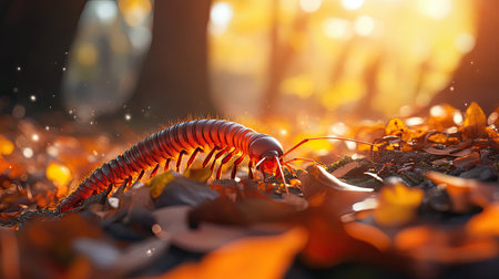 A detailed close-up of a centipede moving through colorful autumn leaves, captured in soft sunlight. This image showcases the beauty of nature in a forest setting.の素材