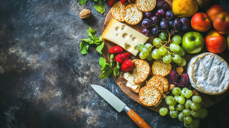 A vibrant and inviting cheese and fruit platter featuring a variety of fresh fruits, assorted crackers, and a creamy cheese. Perfect for gatherings!の素材