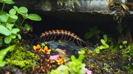 A colorful centipede emerges from a rocky crevice in a lush garden, surrounded by vibrant plants and flowers, showcasing the intricate beauty of nature's biodiversity.の素材