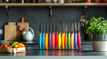 A vibrant array of colorful kitchen knives lined up on a sleek countertop, accompanied by fresh vegetables and herbs, creates a lively culinary scene.の素材