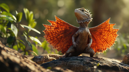 A stunning bearded dragon stands proudly with its wings spread wide, showcasing vibrant orange colors against a soft green backdrop, capturing a serene moment in nature.の素材