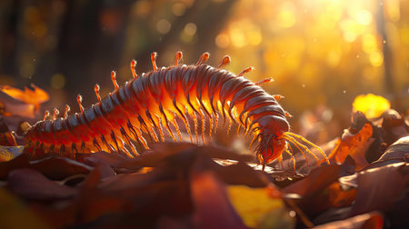 A mesmerizing close-up of a centipede navigating through vibrant autumn leaves, illuminated by golden sunlight, showcasing the intricate details of nature.の素材