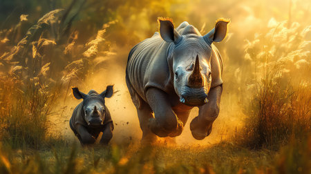 A stunning scene captures a mother rhino and her calf sprinting through golden grass as the sun sets. This image showcases the beauty of wildlife and the importance of conservation.の素材