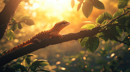 A stunning gecko rests on a branch surrounded by lush greenery, bathed in warm golden sunlight, showcasing the beauty of nature's wildlife.の素材