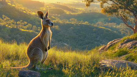 A stunning visual of a kangaroo standing gracefully in a sunlit meadow, surrounded by lush greenery and rolling hills, capturing the essence of wildlife in its natural habitat at dusk.の素材