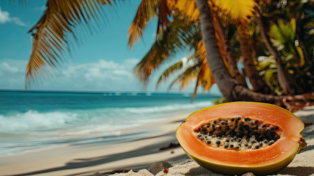 A vibrant scene featuring a fresh slice of papaya set against a stunning tropical beach. The clear blue ocean and palm trees create an idyllic vacation atmosphere, perfect for fruit lovers and nature enthusiasts alike.の素材