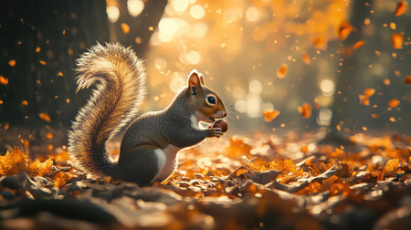 A charming squirrel enjoys a fresh acorn in a picturesque forest, bathed in warm autumn light while colorful leaves dance around it, creating a tranquil scene.の素材
