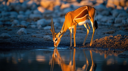 A graceful antelope kneels by a tranquil waterhole, sipping water as the soft sunset light reflects in the calm surface, creating serene natural beauty.の素材