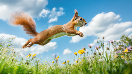 A lively squirrel leaps gracefully through a lush field filled with wildflowers, set against a backdrop of a bright blue sky and fluffy clouds.の素材