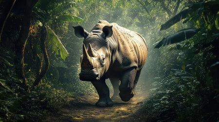 A majestic rhinoceros strides confidently through a dense forest, highlighting its strength and grace in a vivid natural setting. Ideal for nature enthusiasts.の素材