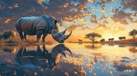 A captivating scene featuring a majestic rhinoceros drinking from a waterhole at sunset, showcasing vibrant clouds and peaceful surroundings.の素材
