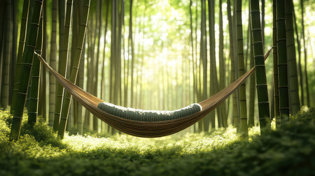 This captivating image features a hammock suspended between tall bamboo stalks in a serene forest, bathed in soft sunlight, creating a perfect spot for relaxation.の素材